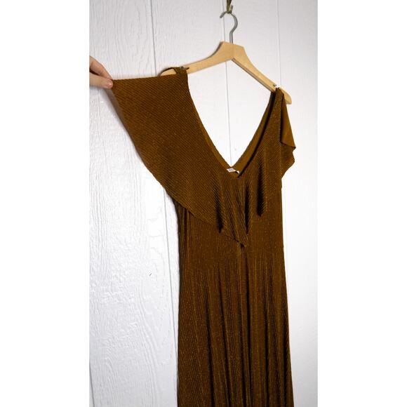 ZARA *BLOGGER FAV* Metallic Bronze Stripe Midi Dress Flutter Sleeve LARGE - Picture 8 of 10